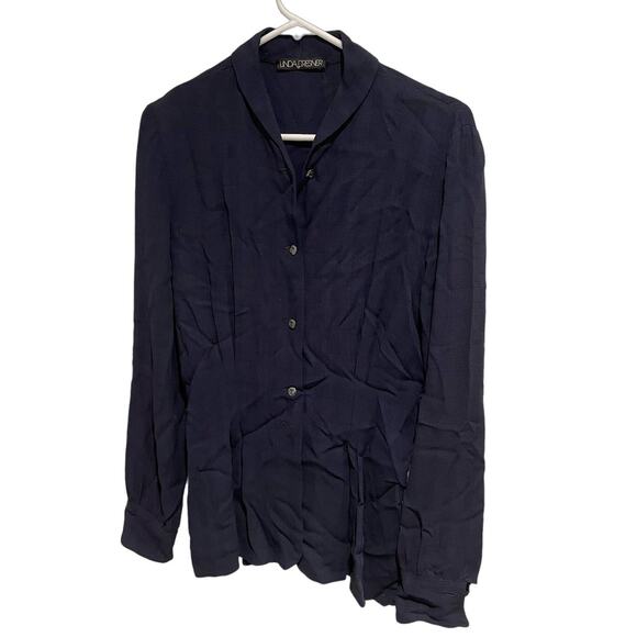 Linda Dresner Navy button down pleated shirt S/M - Picture 1 of 6